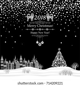2018 Happy New Year greeting card. Celebration black background with Christmas Landscape, Christmas tree, Christmas balls, white dog and place for your text. Vector Illustration