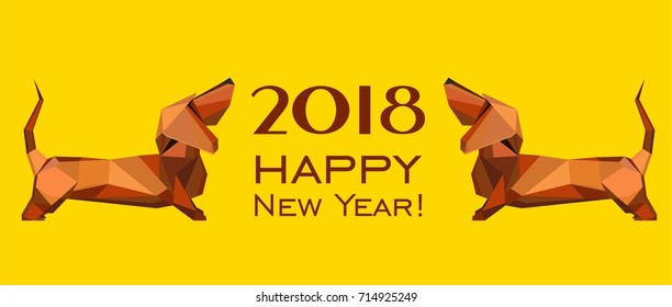 2018 Happy New Year greeting card. Celebration yellow background with dogs and place for your text. 2018 Chinese New Year of the dog. Vector Illustration