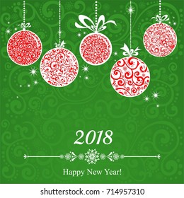 2018 Happy New Year!  Greeting card. Vintage card with balls,  snowflakes, stars. Vector illustration