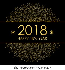 2018 Happy New Year greeting card with gold decorations and snowflakes. Template for Christmas poster. Vector illustration.