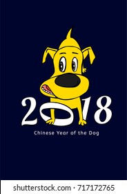 2018 Happy New Year greeting card. Yellow dachshund in cartoonish style with white figures on a dark blue background. Chinese New Year of the earth dog concept. Vector illustration