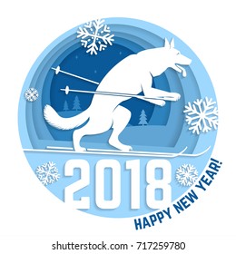 2018 Happy New Year greeting card. For banner, poster, brochure or flyer template. Paper art carving style design with 2018 Text and skiing dog. Vector illustration.