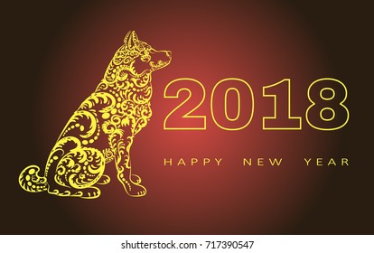 2018 Happy New Year greeting card.year of the dog. Chinese New Year. with hand drawn doodles.Vector illustration