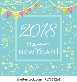 2018 Happy New Year greeting card. Celebration mint background with bunting flags, star and place for your text.  Vector Illustration