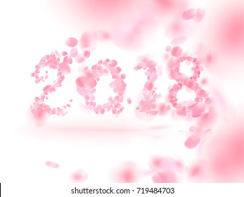 2018 Happy New Year greeting card. Flying sakura petals vector illustration.