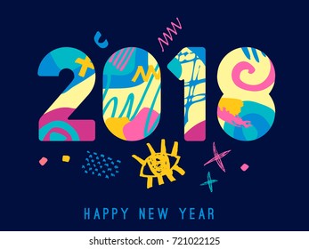2018 Happy New Year greeting card with abstract elements on blue background. Hand drawn vector illustration. Colorful brightly style.