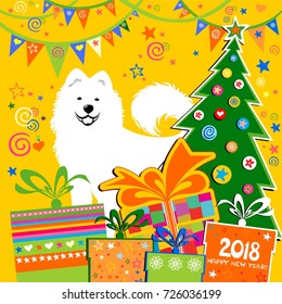 2018 Happy New Year greeting card. Celebration yellow background with Christmas tree, dog, gift box and place for your text. Vector illustration