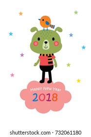 2018 happy new year greeting with puppy and bird graphic