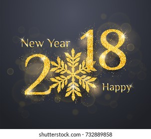 2018 Happy New Year greeting card background with golden glitter numbers on dark background. Vector holiday banner