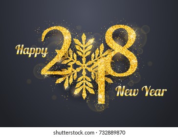 2018 Happy New Year greeting card background with golden glitter numbers on dark background. Vector holiday banner