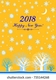 2018 Happy New Year greeting card. Celebration background with Christmas Landscape, moon, forest, snowfall and place for your text. Vector Illustration
