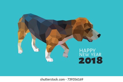 2018 Happy New Year greeting card. Celebration background with dog and geometric