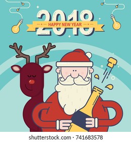 2018 Happy New Year greeting card. Santa Claus with christmas deer. Vector illustration.