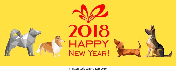 2018 Happy New Year greeting card. Celebration yellow background with Dogs and place for your text. Horizontal Banner Design. Vector illustration