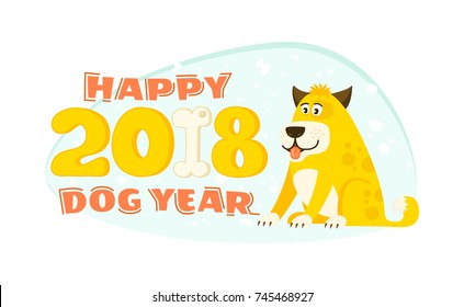2018 Happy New Year greeting card with yellow cute dog vector illustration. Poster template. Cartoon dog character for your design: symbol, logo, icon etc.