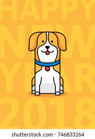 2018 Happy New Year greeting card design. Chinese zodiac symbol of yellow dog. Poster banner template with animal for China calendar background. Cute vector puppy illustration in cartoon style