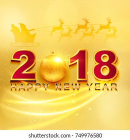 2018 Happy New Year greeting card with light, colored text Design on gold background. Vector illustration.

