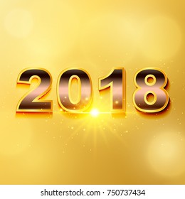 2018 Happy New Year greeting card with light, colored text Design on gold background. Vector illustration.
