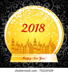 2018 Happy New Year greeting card. Snow globe with a town. Vector illustration