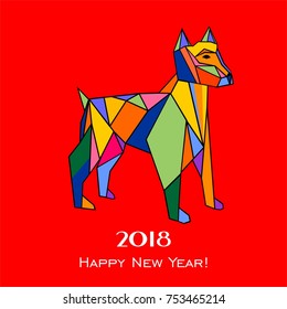 2018 Happy New Year greeting card. Celebration red background with dog and place for your text. Vector Illustration