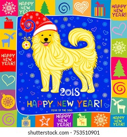 2018 Happy New Year! Greeting card. Celebration black background with Christmas tree, yellow dog, gift box and place for your text. Vector illustration