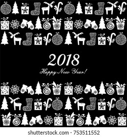 2018 Happy New Year greeting card. Celebration background with Christmas tree, gift boxes, deer, Christmas balls and place for your text. Vector Illustration