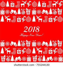 2018 Happy New Year greeting card. Celebration background with Christmas tree, gift boxes, deer, Christmas balls and place for your text. Vector Illustration