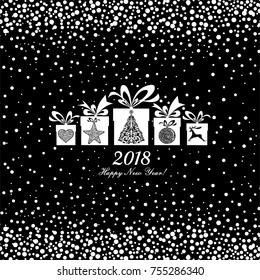 2018 Happy New Year greeting card. Celebration white background with gift box,  Christmas tree and place for your text. Vector illustration