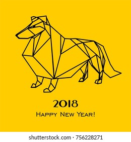 2018 Happy New Year greeting card. Celebration yellow background with Dog Rough Collie and place for your text. Vector illustration