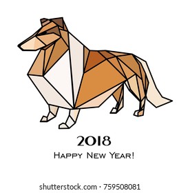 2018 Happy New Year greeting card. Celebration white background with Dog Rough Collie and place for your text. Vector illustration