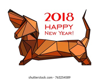 2018 Happy New Year greeting card. Celebration background with  dachshund dog and place for your text. 2018 Chinese New Year of the dog. Vector Illustration