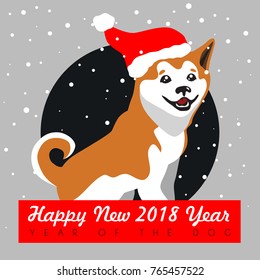 2018 Happy New Year greeting card. Celebration snow background with Dog Shiba Inu in Santa hat and place for your text. 2018 Chinese New Year of the dog. Vector illustration