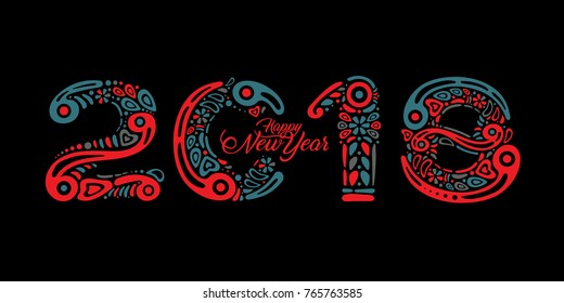 2018 Happy New Year greeting card or banner on black background and filled with decorative pattern or abstract ornament shapes. Perfect to use on advertising desing, greeting cards, banners, flyers