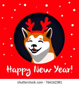 2018 Happy New Year greeting card. Celebration snow background with Dog Shiba Inu in Santa hat and place for your text. 2018 Chinese New Year of the dog. Vector illustration
