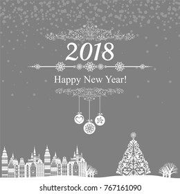 2018 Happy New Year greeting card. Celebration background with Christmas Landscape, Christmas tree and place for your text. Vector Illustration