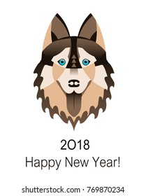2018 Happy New Year greeting card. Celebration yellow background with Dog German shepherd and place for your text. 2018 Chinese New Year of the dog. Vector illustration