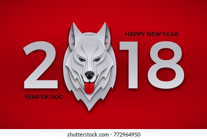 2018 happy new year greeting card, with head of dog, symbol of the year and congratulations. Celebration red background with paper texture for your design, paper cut out art style, vector illustration