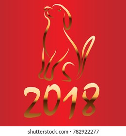 2018 Happy New Year greeting card. Celebration red background with golden Dog. 2018 Chinese New Year of the dog. Vector illustration