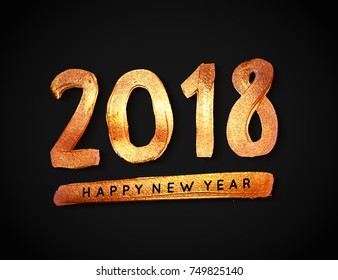 2018 Happy New Year hand drawn lettering greeting card with chinese calligraphy, gold acrylic paint design element for poster, flyer, banner, postcard. Vector illustration