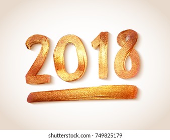 2018 Happy New Year hand drawn lettering greeting card with chinese calligraphy, gold acrylic paint design element for poster, flyer, banner, postcard. Vector illustration.