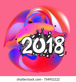2018 Happy New Year holiday greeting card on liquid colorful background