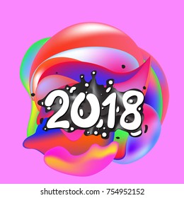 2018 Happy New Year holiday greeting card on liquid colorful background