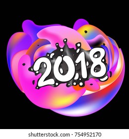 2018 Happy New Year holiday greeting card on liquid colorful background