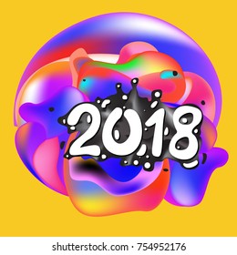 2018 Happy New Year holiday greeting card on liquid colorful background