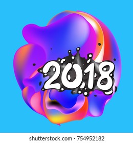 2018 Happy New Year holiday greeting card on liquid colorful background