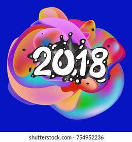 2018 Happy New Year holiday greeting card on liquid colorful background