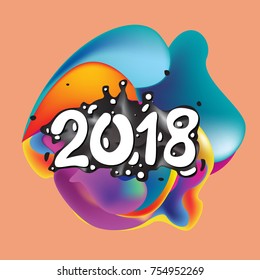 2018 Happy New Year holiday greeting card on liquid colorful background