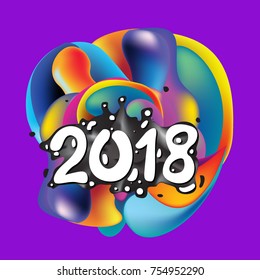 2018 Happy New Year holiday greeting card on liquid colorful background