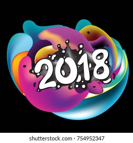 2018 Happy New Year holiday greeting card on liquid colorful background