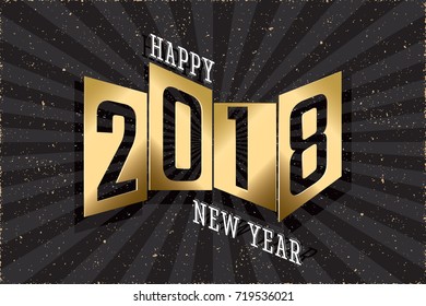 2018 Happy New Year Logo with Numerals Filled in Glossy Distorted Rectangles and Greetings Lettering - Gold and White Elements on Black Rays Sunburst Background - Vector Gradient Graphic Design